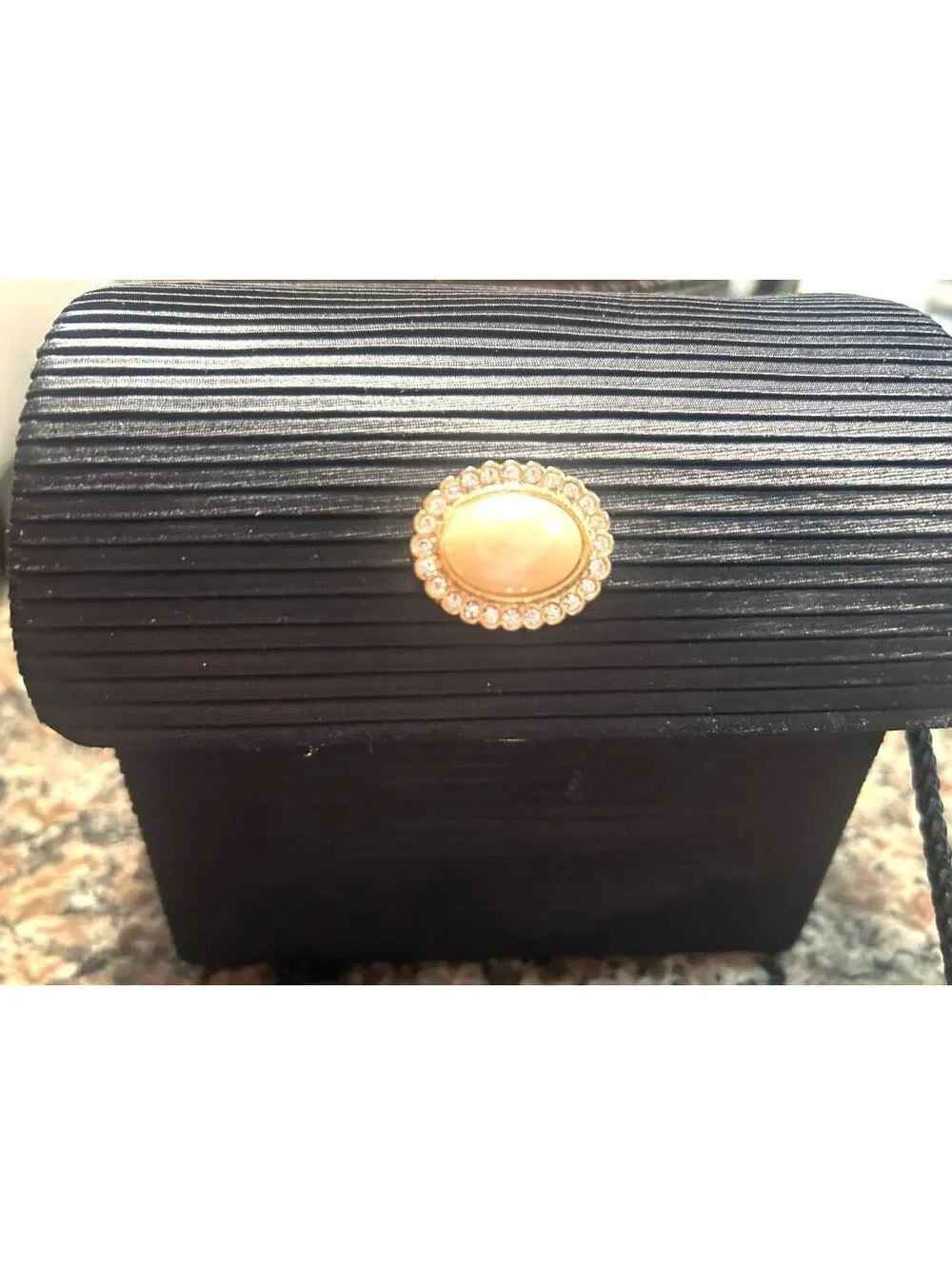 Vintage Carolyne Barton Black Pleated Evening Bag Box Purse Pearl Rhinestone